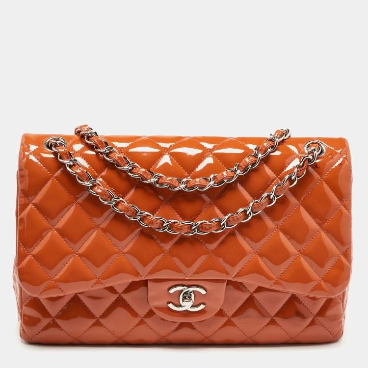 Chanel Orange Quilted Patent Leather Classic Double Flap Medium