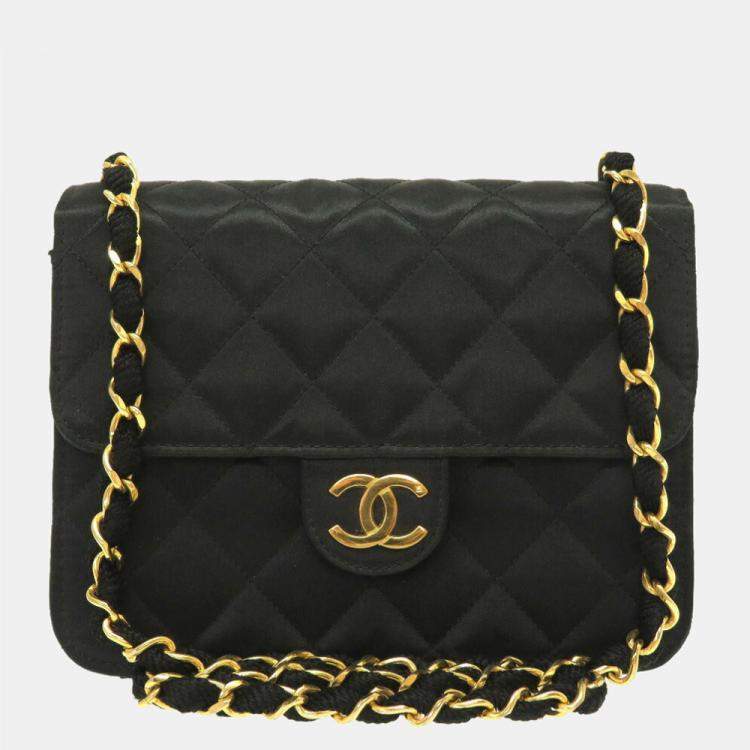 Chanel Black Satin Leather Square Vintage Flap Shoulder Bag Chanel