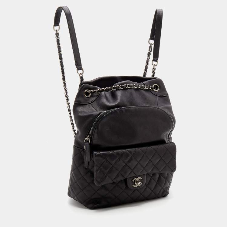 Pre Owned Chanel Black Quilted Leather Small Drawstring CC Flap Backpack 