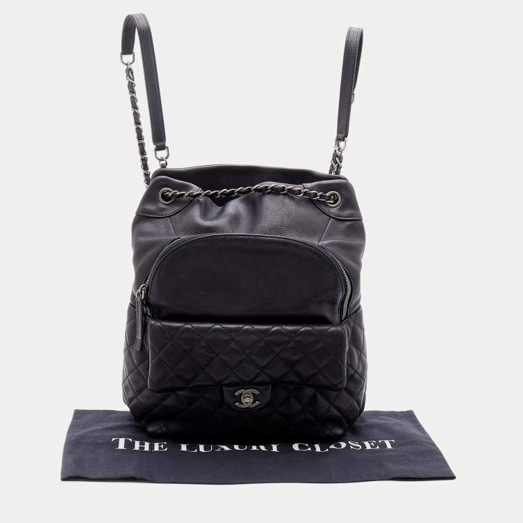 Pre Owned Chanel Black Quilted Leather Small Drawstring CC Flap Backpack 