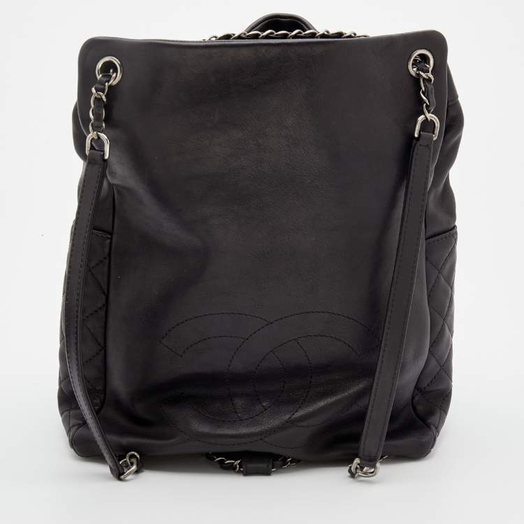 Pre Owned Chanel Black Quilted Leather Small Drawstring CC Flap Backpack 