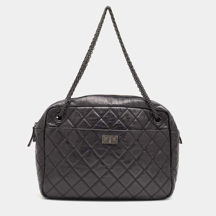 Pre Owned Chanel Metallic Black Quilted Aged Leather Large Reissue Camera Bag