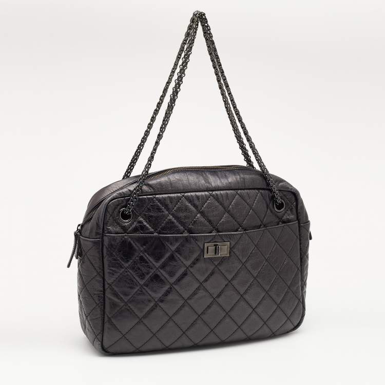 Pre Owned Chanel Metallic Black Quilted Aged Leather Large Reissue Camera Bag