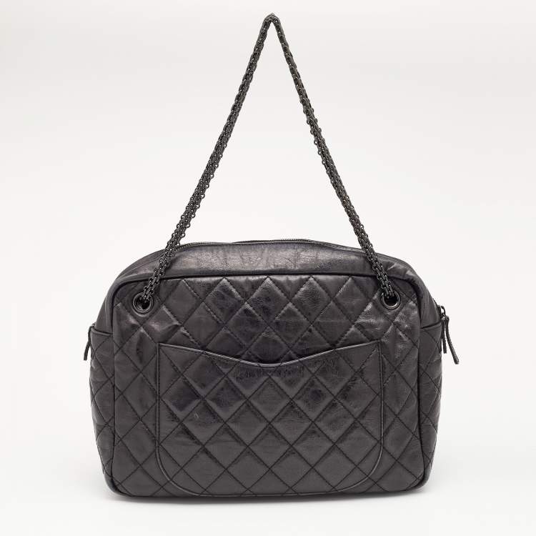 Pre Owned Chanel Metallic Black Quilted Aged Leather Large Reissue Camera Bag