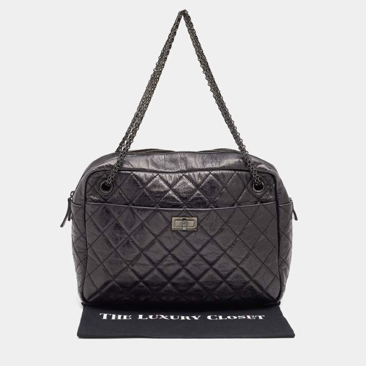 Pre Owned Chanel Metallic Black Quilted Aged Leather Large Reissue Camera Bag