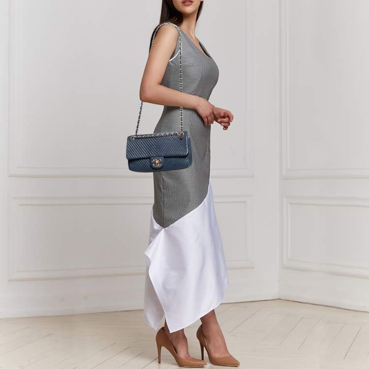 Pre Owned Chanel Blue Chevron Leather Medium Classic Single Flap Bag