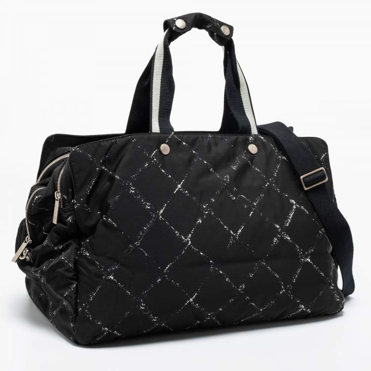 Pre Owned Chanel Black/White Quilted Print Nylon Travel Line Duffel Bag