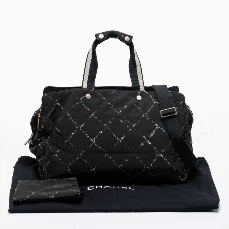 Pre Owned Chanel Black/White Quilted Print Nylon Travel Line Duffel Bag