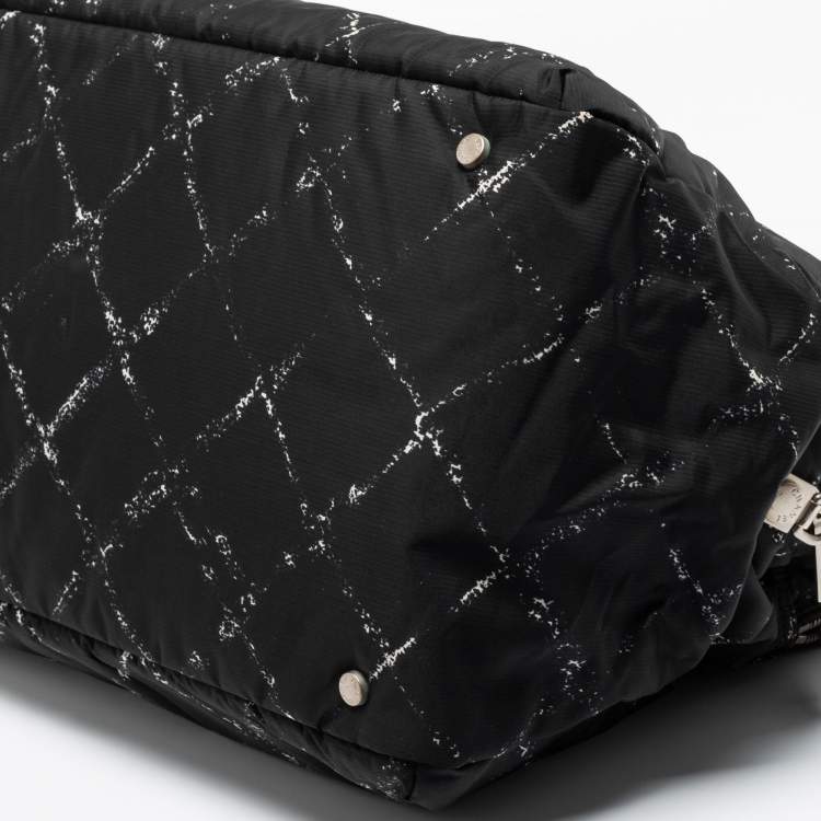 Pre Owned Chanel Black/White Quilted Print Nylon Travel Line Duffel Bag