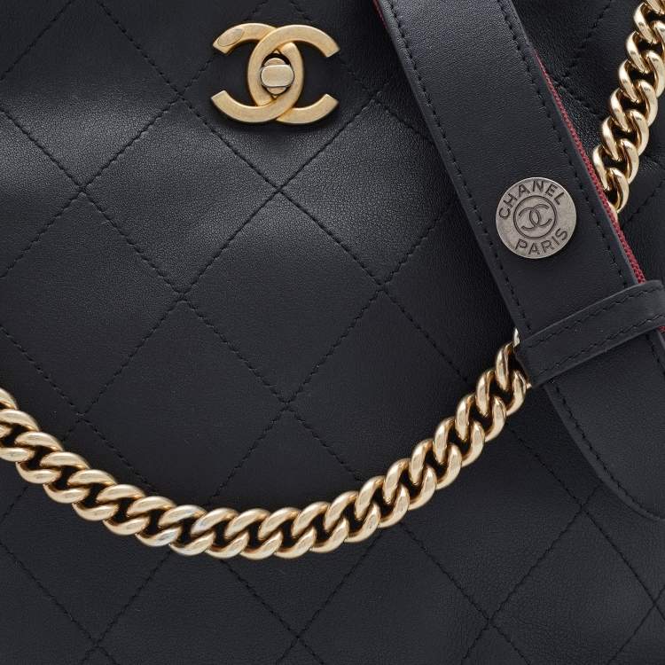 Pre Owned Chanel Black Quilted Leather Button Up Hobo