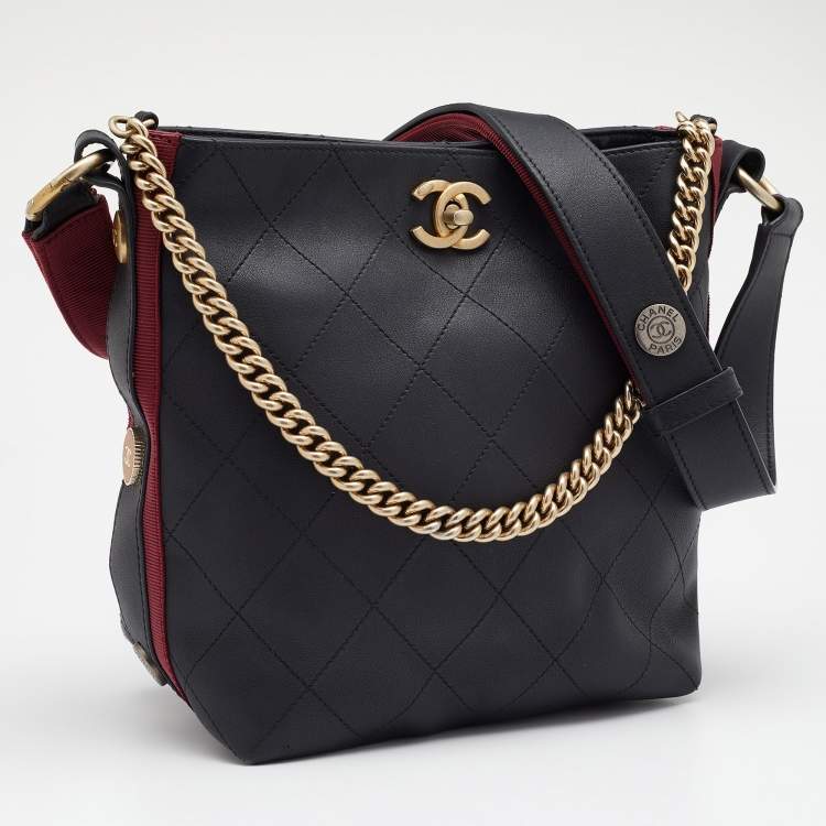 Pre Owned Chanel Black Quilted Leather Button Up Hobo