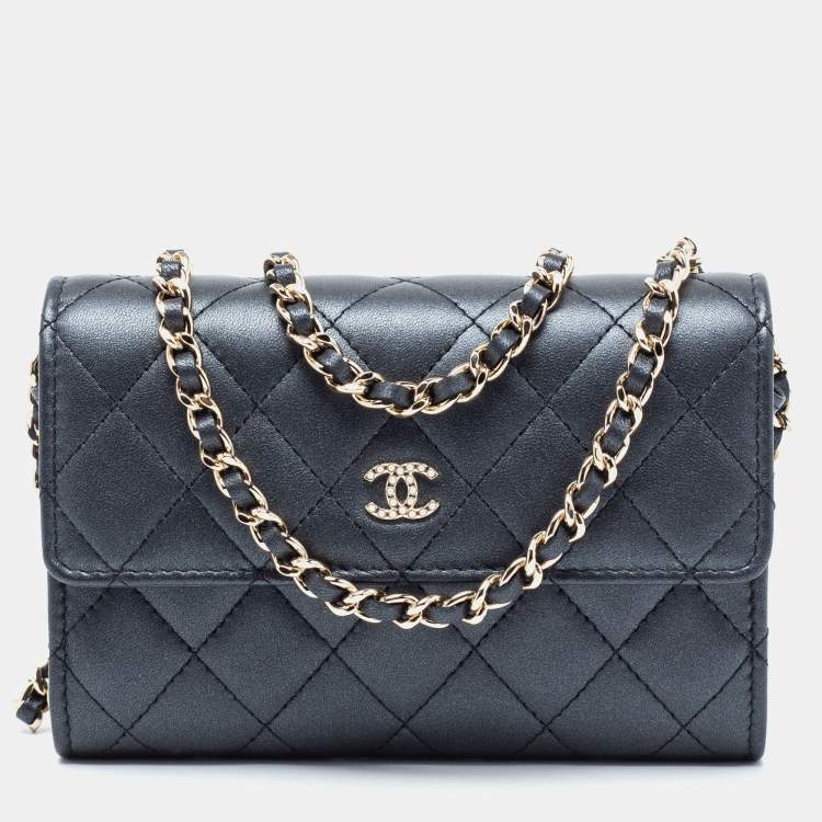 Chanel Navy Blue Quilted Leather Pearl Embellished Wallet on Chain