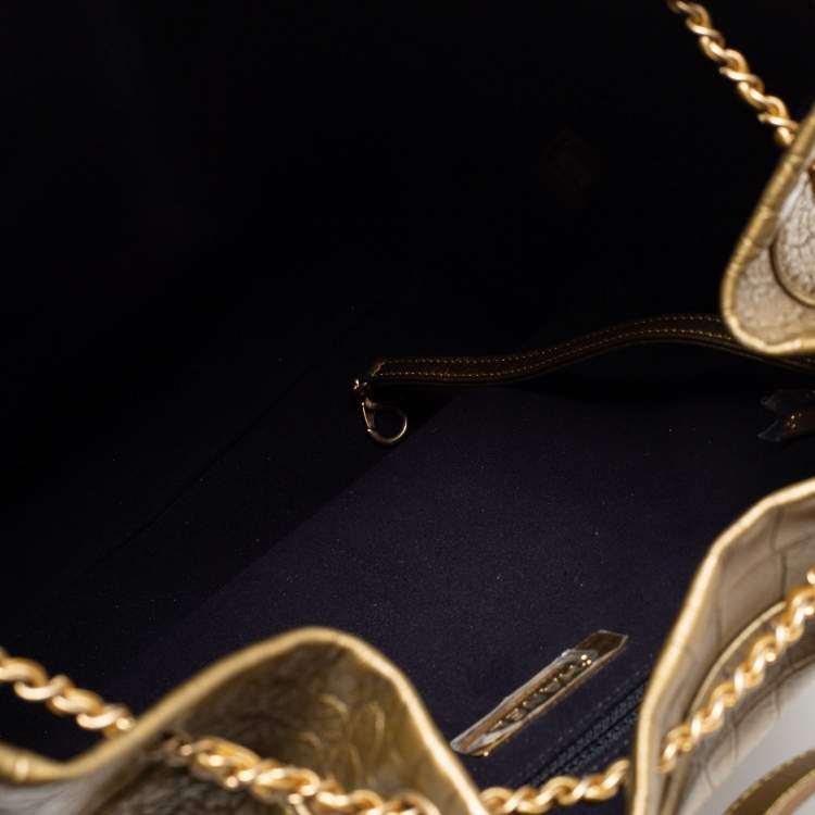Pre Owned Chanel Gold Croc Embossed Leather Drawstring Backpack