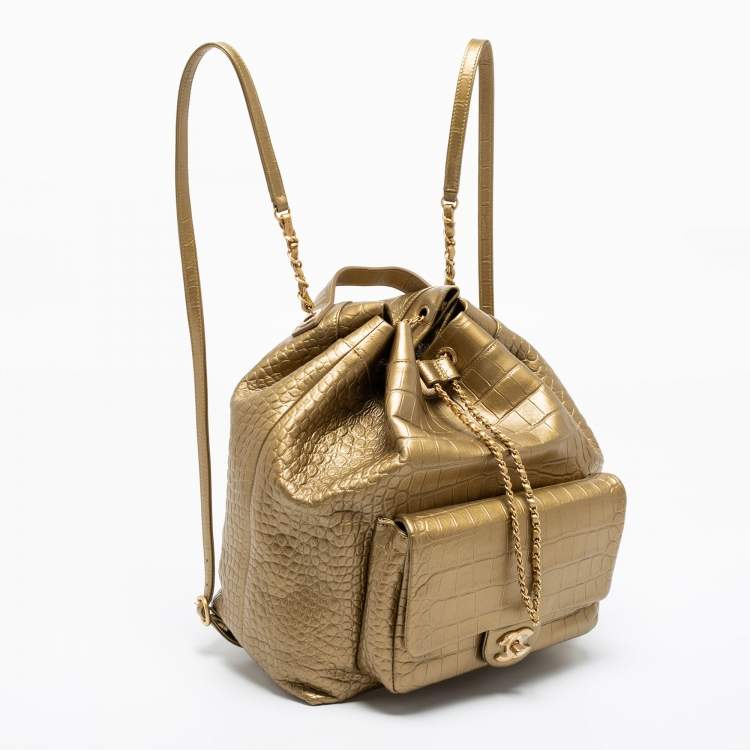 Pre Owned Chanel Gold Croc Embossed Leather Drawstring Backpack