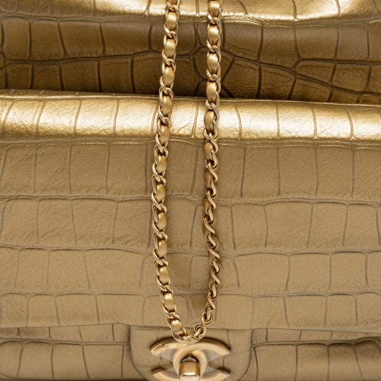 Pre Owned Chanel Gold Croc Embossed Leather Drawstring Backpack