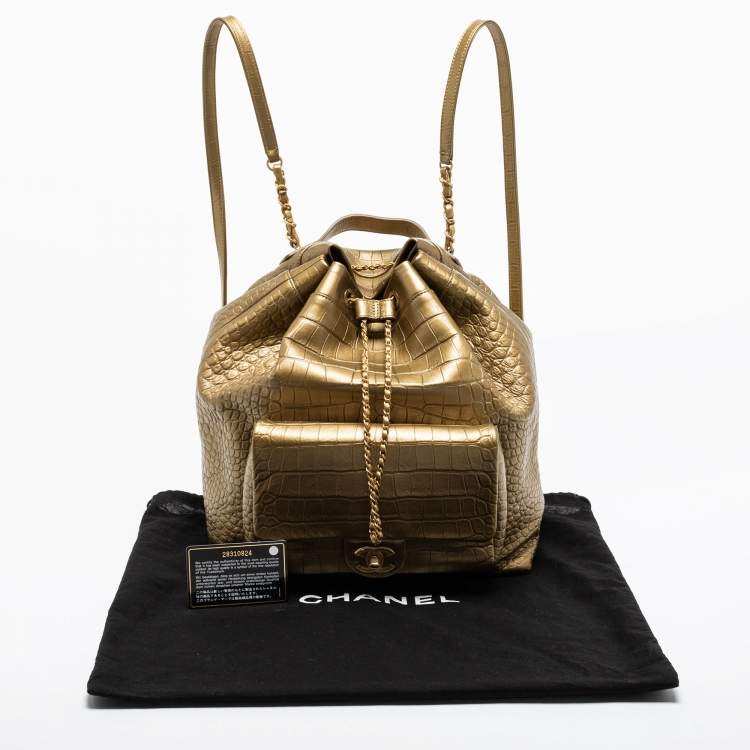 Pre Owned Chanel Gold Croc Embossed Leather Drawstring Backpack