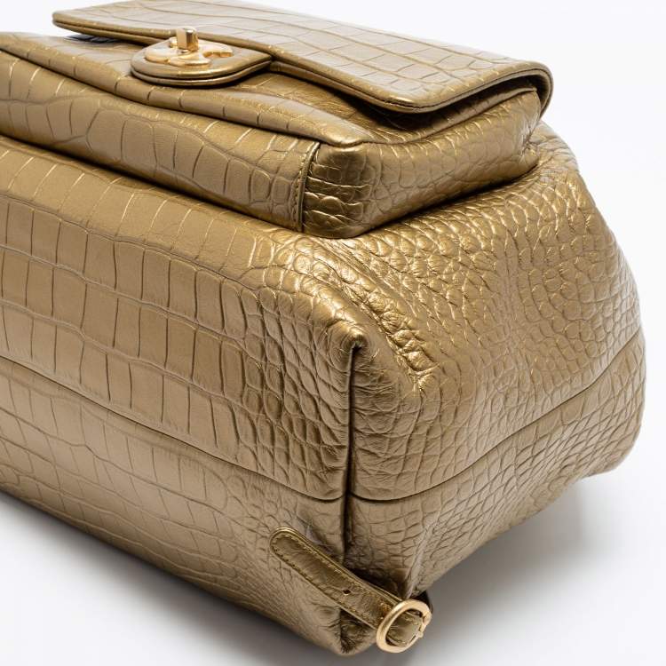 Pre Owned Chanel Gold Croc Embossed Leather Drawstring Backpack