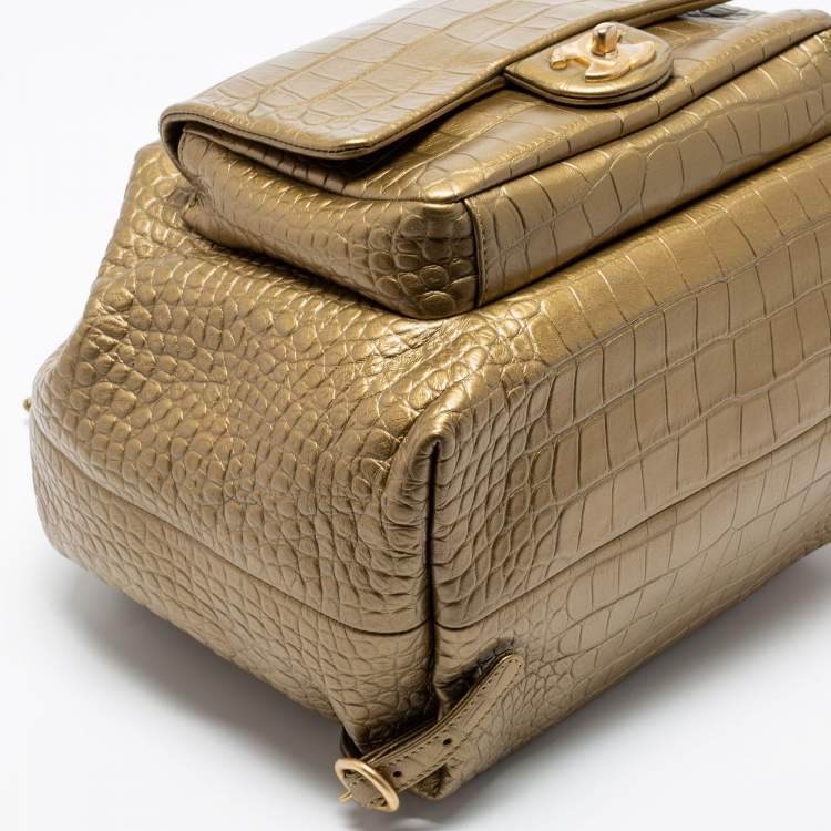 Pre Owned Chanel Gold Croc Embossed Leather Drawstring Backpack