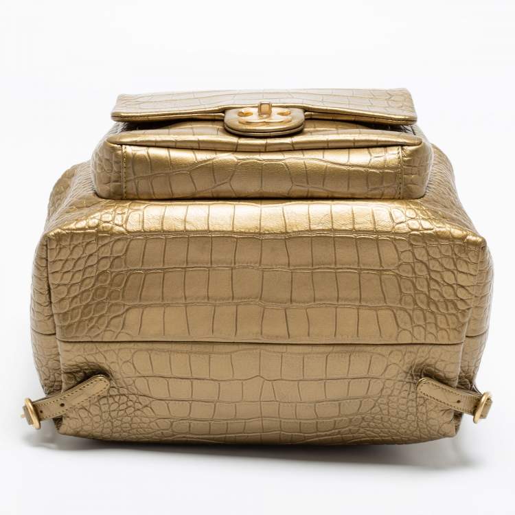 Pre Owned Chanel Gold Croc Embossed Leather Drawstring Backpack