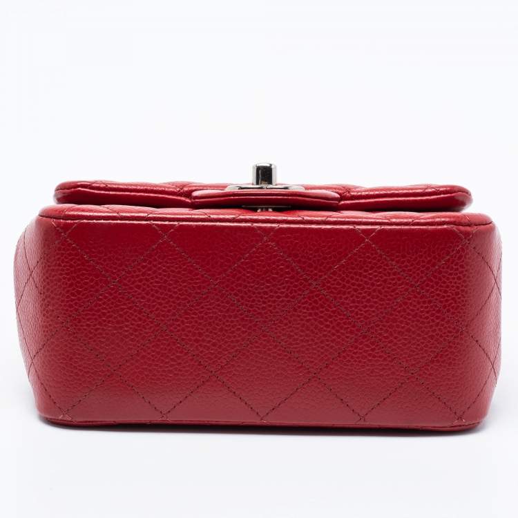 Pre Owned Chanel Red Quilted Caviar Leather Mini Square Classic Flap Bag
