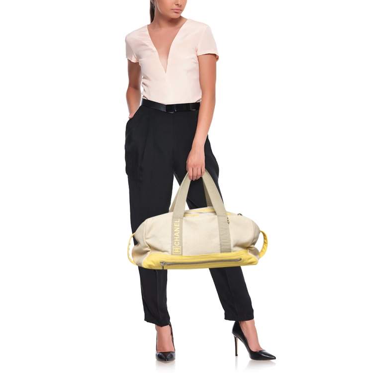 Pre Owned Chanel Beige/Yellow Canvas Weekend Boston Bag