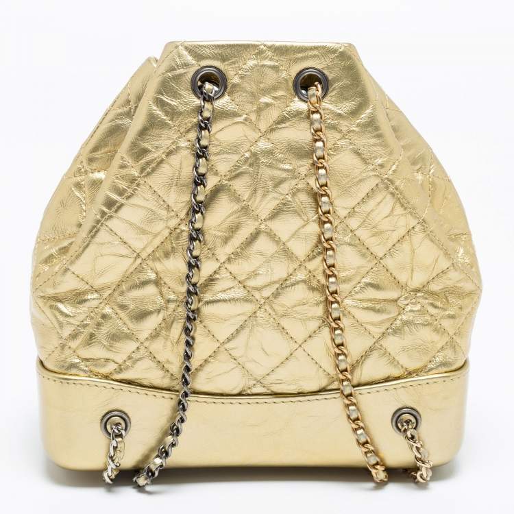Pre Owned Chanel Metallic Gold Quilted Laminated Leather Small Gabrielle Backpack