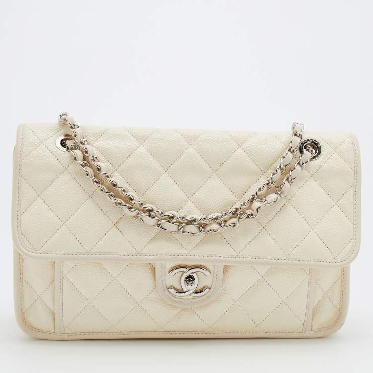 CHANEL French Riviera Quilted Caviar Leather Hobo Bag White