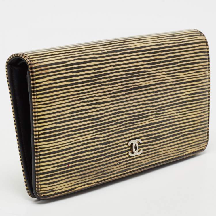 Pre Owned Chanel Yellow Striped Patent Leather CC Long Bifold Wallet