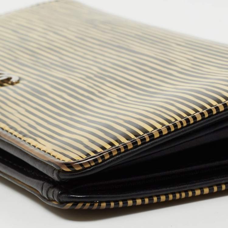 Pre Owned Chanel Yellow Striped Patent Leather CC Long Bifold Wallet