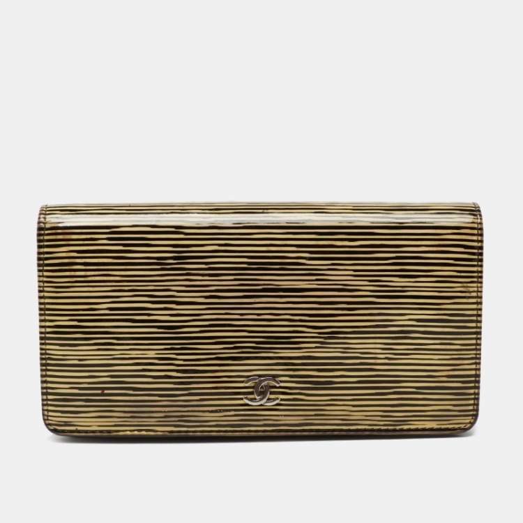 Pre Owned Chanel Yellow Striped Patent Leather CC Long Bifold Wallet