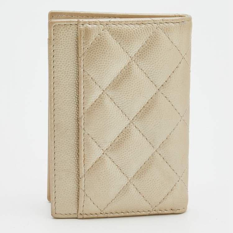 Pre Owned Chanel Metallic Light Beige Quilted Leather CC Bifold Card Case 