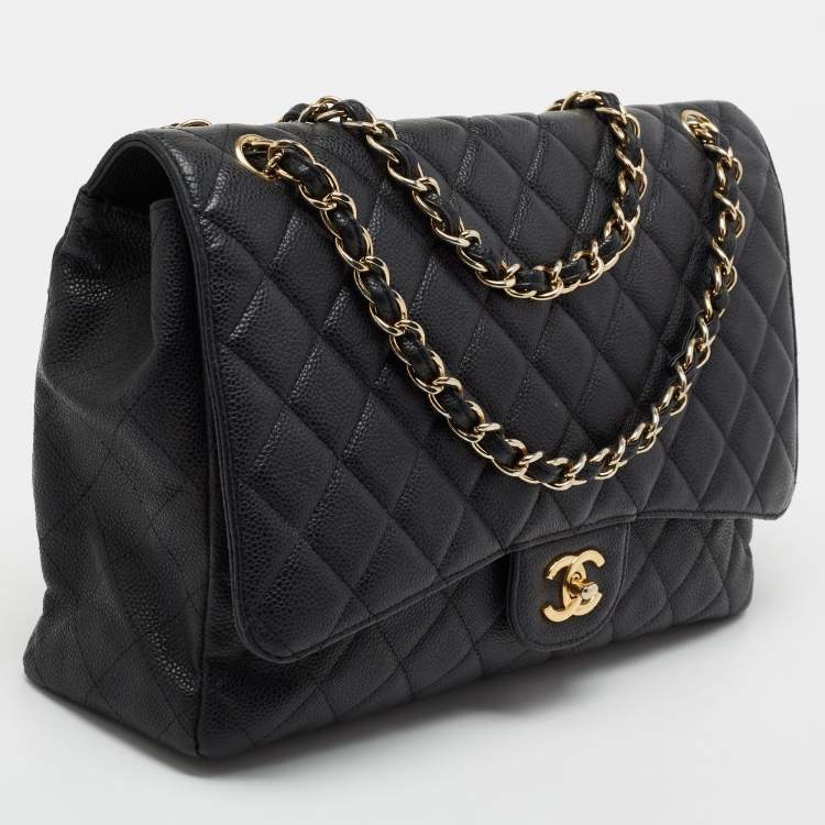 Pre Owned Chanel Black Quilted Caviar Leather Maxi Classic Single Flap Bag