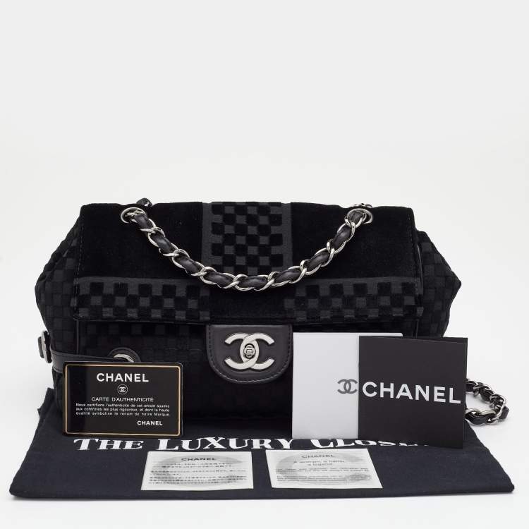 مملوكة مسبقًا Chanel Black Check Embossed Velvet And Fabric CC Side Belted Flap Bag