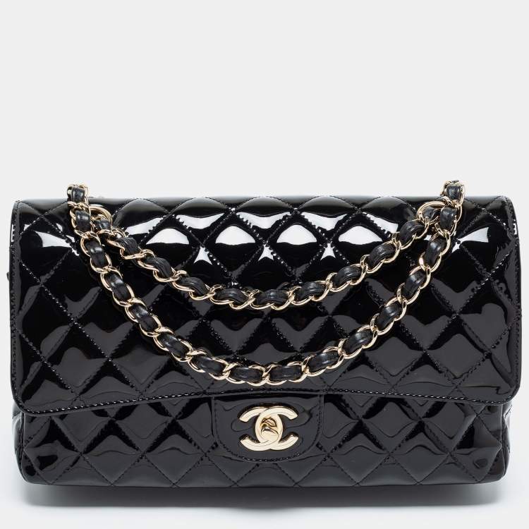 Chanel Black Quilted Patent Leather Medium Classic Double Flap Bag Chanel