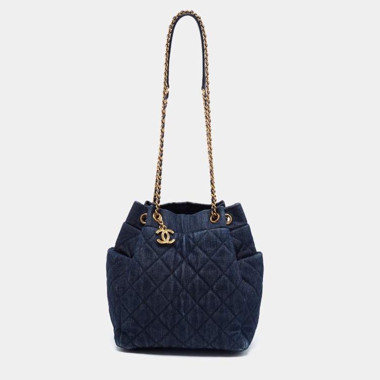 Chanel Blue Quilted CC Denim Drawstring Bucket Bag Chanel