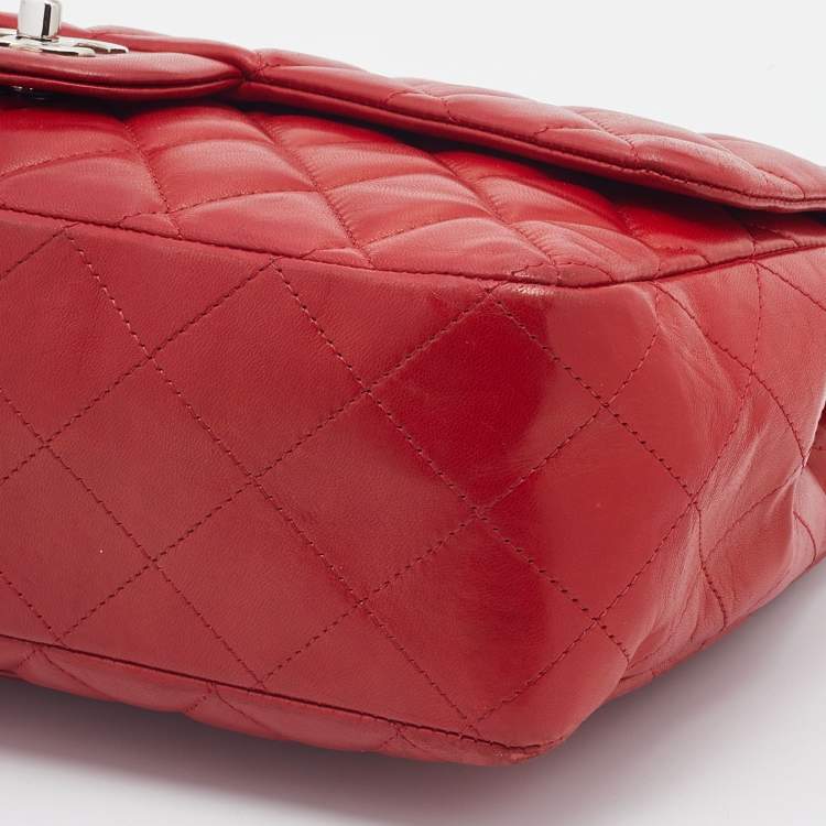 Pre Owned Chanel Red Quilted Leather Jumbo Classic Single Flap Bag