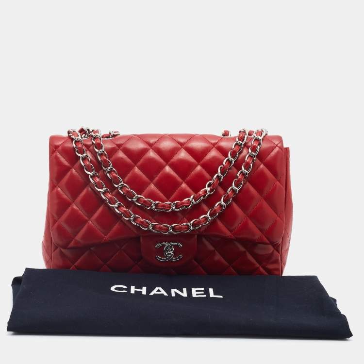 Pre Owned Chanel Red Quilted Leather Jumbo Classic Single Flap Bag