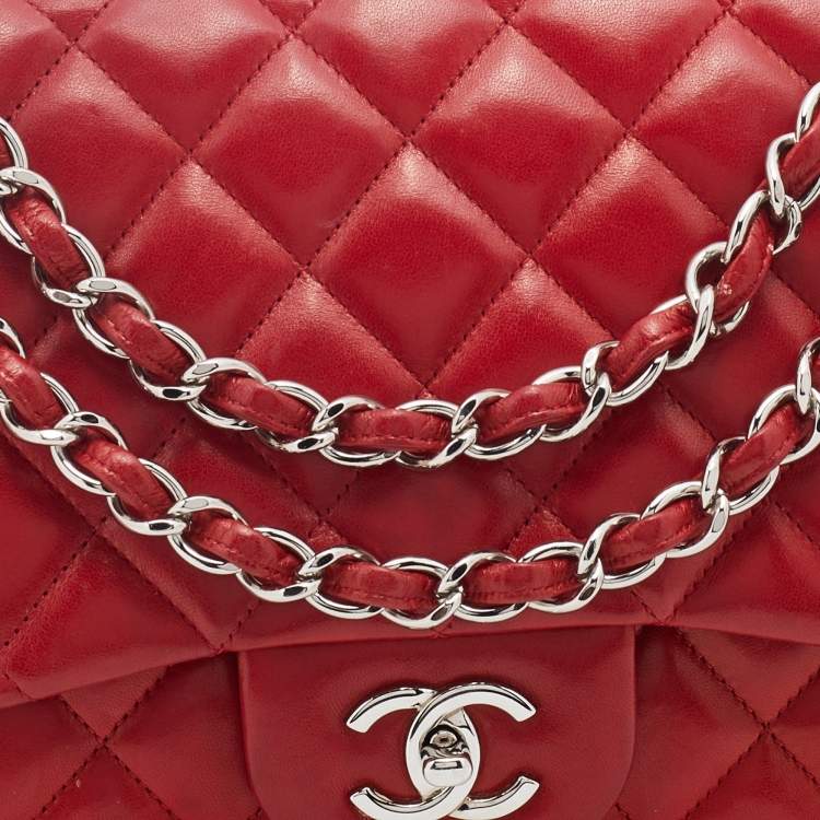 Pre Owned Chanel Red Quilted Leather Jumbo Classic Single Flap Bag