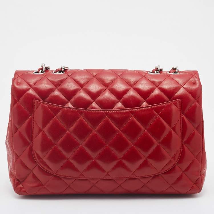 Pre Owned Chanel Red Quilted Leather Jumbo Classic Single Flap Bag