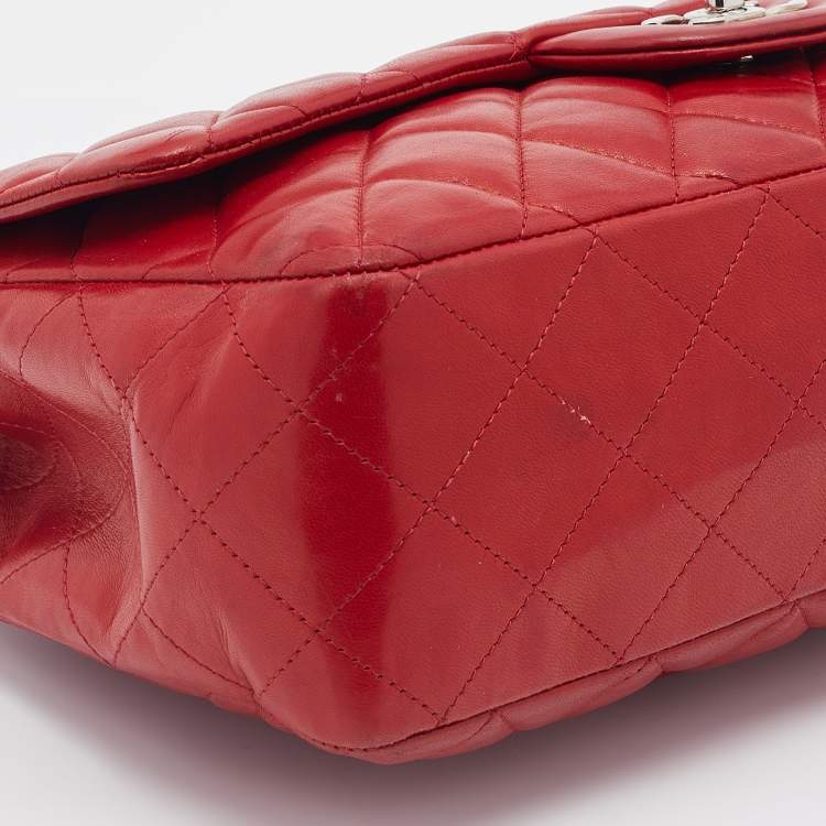 Pre Owned Chanel Red Quilted Leather Jumbo Classic Single Flap Bag