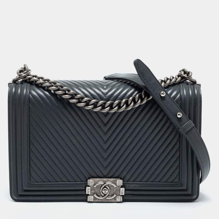 Dark Grey Leather Crossbody Bag With Black & Silver Chevron Strap