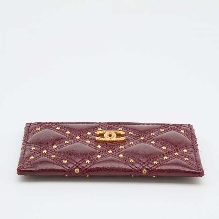 Pre Owned Chanel Burgundy Quilted Leather CC Studded Card Holder