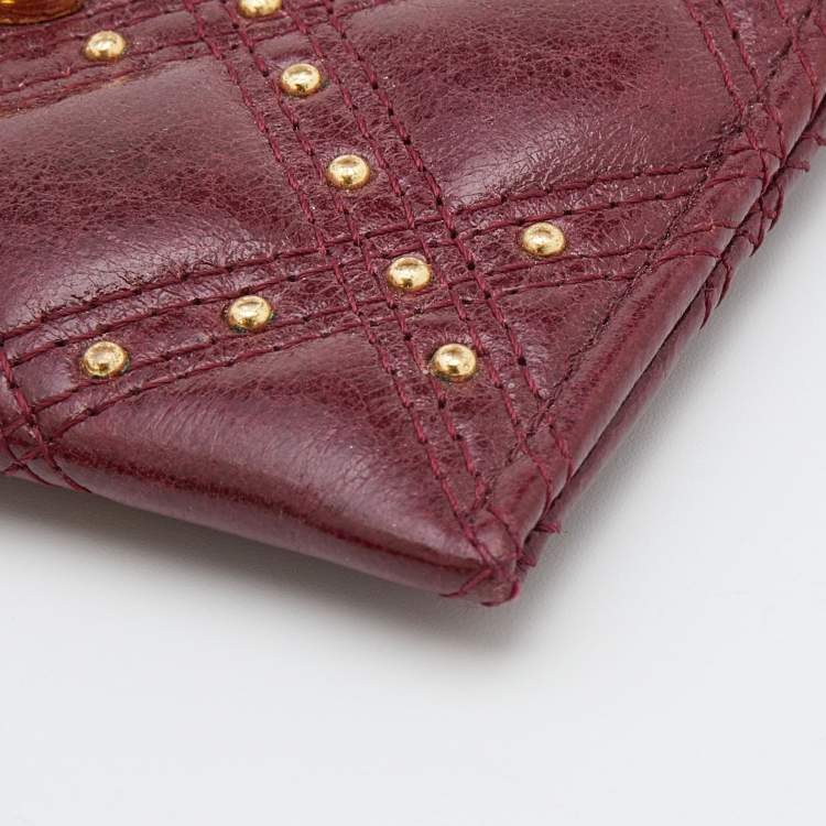 Pre Owned Chanel Burgundy Quilted Leather CC Studded Card Holder