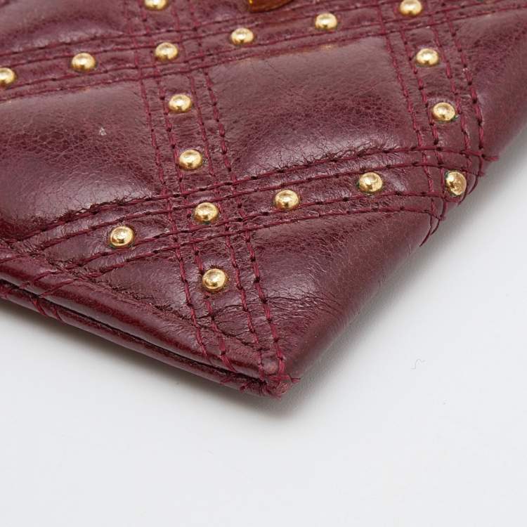 Pre Owned Chanel Burgundy Quilted Leather CC Studded Card Holder