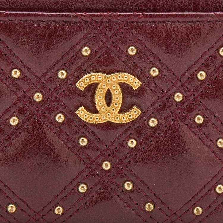 Pre Owned Chanel Burgundy Quilted Leather CC Studded Card Holder