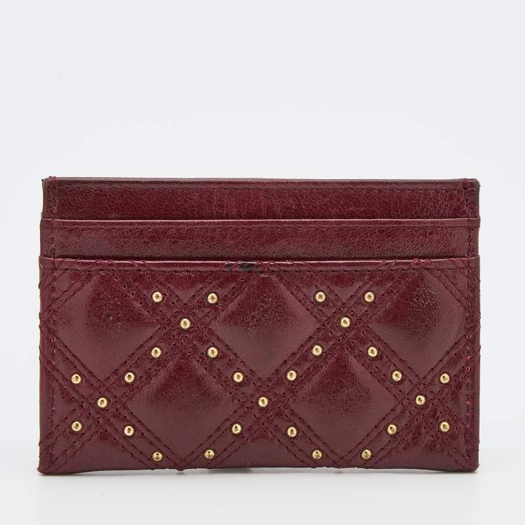 Pre Owned Chanel Burgundy Quilted Leather CC Studded Card Holder