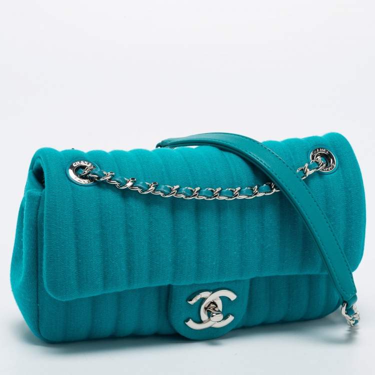 Pre Owned Chanel Aqua Green Vertical Quilted Jersey Mini Flap Bag