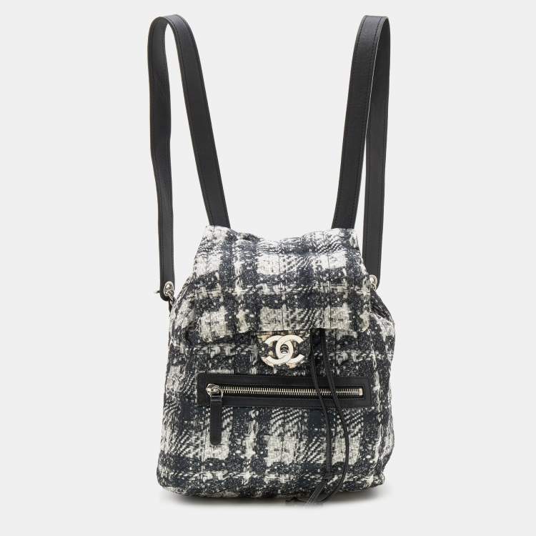 Chanel White/Black Tweed Print Nylon Medium Drawstring Backpack Chanel