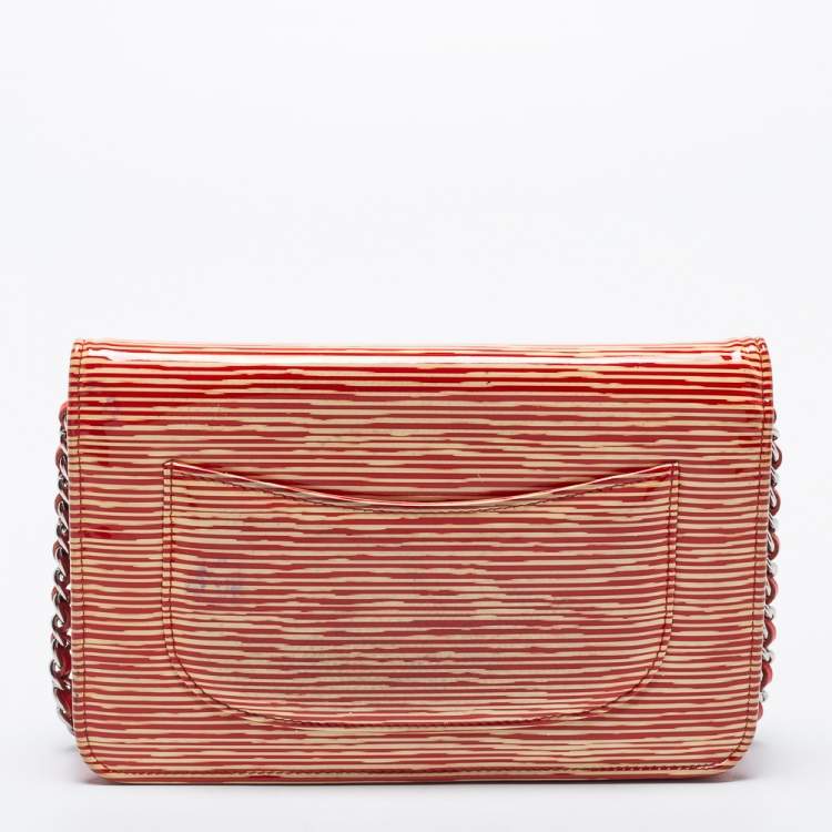 Pre Owned Chanel Red/White Striped Patent Leather Wallet on Chain