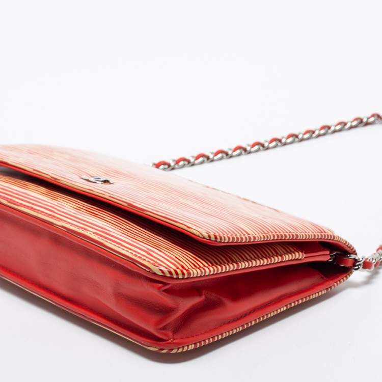 Pre Owned Chanel Red/White Striped Patent Leather Wallet on Chain